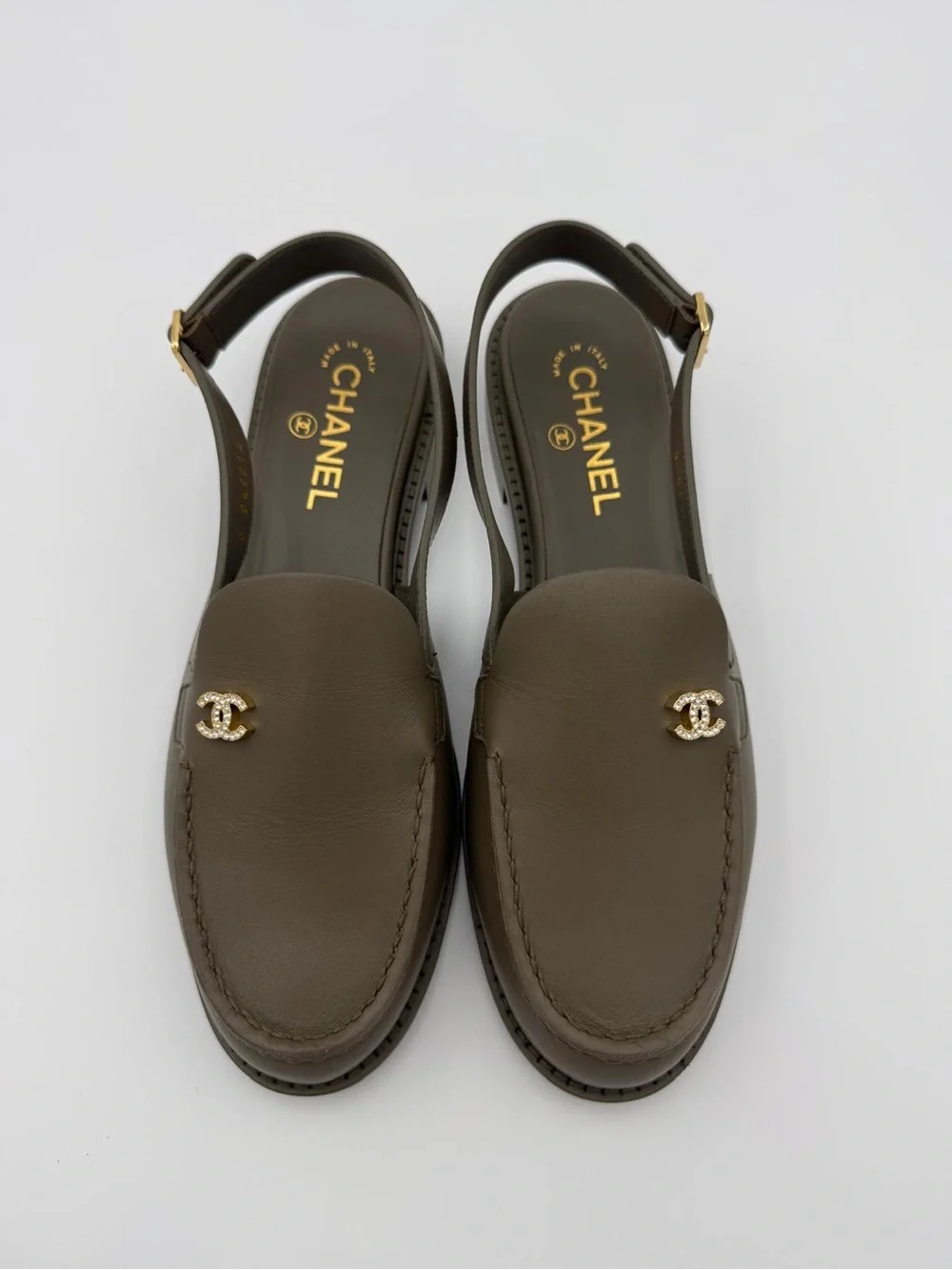 CHANEL Olive Green Leather Slingback Loafers with Gold CC Hardware